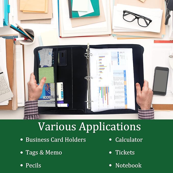 Zipper Binder 1.5 Inch Round 3-Ring Binder, Zippered Grip Pockets Storage Bag Business Office Supplies for Men Women Green