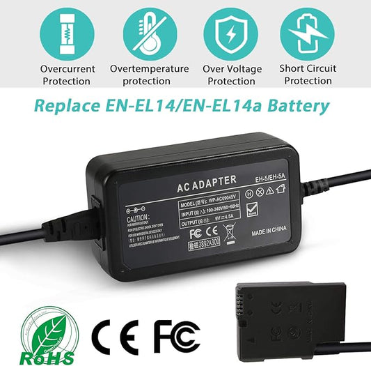 EP-5A Plus EH-5 Camera AC Power Adapter Replacement for EN-EL14 / EN-EL14A Battery for Nikon D3100 D3200 D3300 D3400 D5100 D5200 D5300 D5500 Coolpix P7000 P7100 P7700 P7800 Cameras