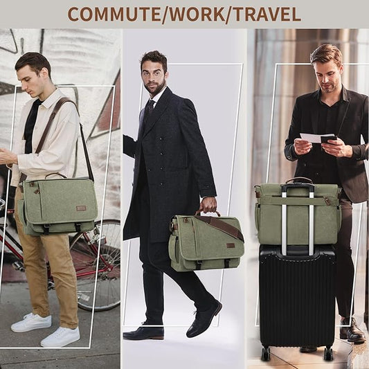 ESTARER Men's Messenger Bag 17.3 Inch, Water-resistant Canvas Laptop Bag, Computer Shoulder Bag for College Travel Work, Army Green