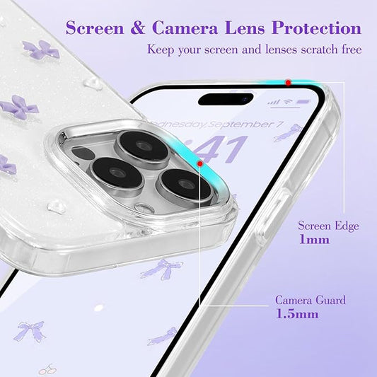 EYZUTAK Case for iPhone 13 Pro Max, Bling Glitter 3D Bowknot Phone Case Cute Sparkly Crystal Clear Bow Aesthetic Case Slim Soft Durable TPU Transparent Protective Cover for Women Girl-Purple Bow