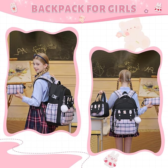 Backpack for Girls, Kids Girls Backpacks Set with Lunch Bag Pencil Case, Cute Bookbag Waterproof Backpack for Elementary Middle School, Black-Pink