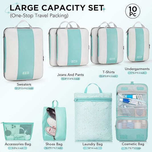 10 Set Compression Packing Cubes for Travel Essentials,Compressible Expandable Packing Cubes for Suitcase,OlarHike Luggage Organizer Bags for Travel,Handy Helper for Organizing Clothes(Cyan)