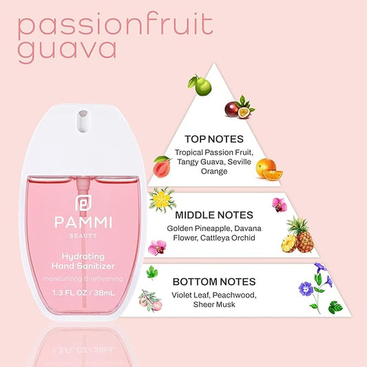 PAMMI Hand Sanitizer Spray Travel Size - Mini Scented Hand Sanitizer Spray Quicky Dry, Pocket Scented Hand Saniztier - 600-Sprays (3 Packs (2 Guava, 1 Rose))
