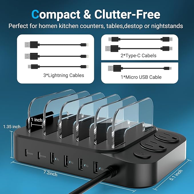 Catlyn Charging Station for Multiple Devices, 8 Port Charger Stations with 6 Mixed Charger Cables Organizer Dock,Compatible for Cell Phone,Tablet, Kindle, iPhone iPad for Family Home Office(Black)