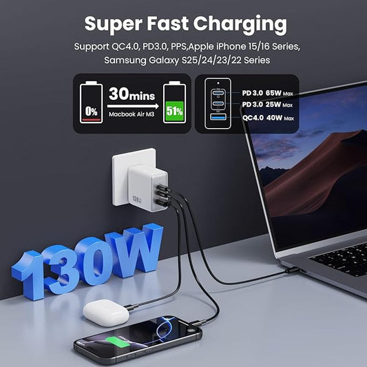 130W USB C Charger Block,3-Port GaN Fast Charger,Compact Foldable Type C Fast Charging Wall Charger,PD QC 65W USB C Laptop Charger for MacBook Pro/Air,iPad Pro,iPhone16/15,Galaxy Series etc(White)