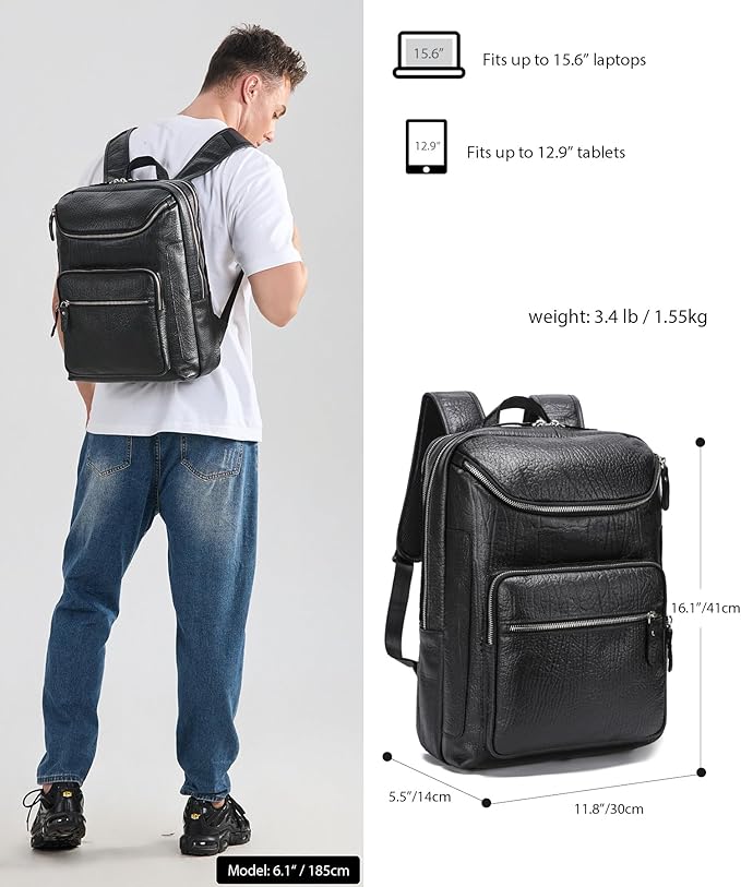 LANNSYNE Full Grain Leather Backpack For Men, 15.6" Leather Laptop Backpack Hiking Travel Bag Camping Rucksack