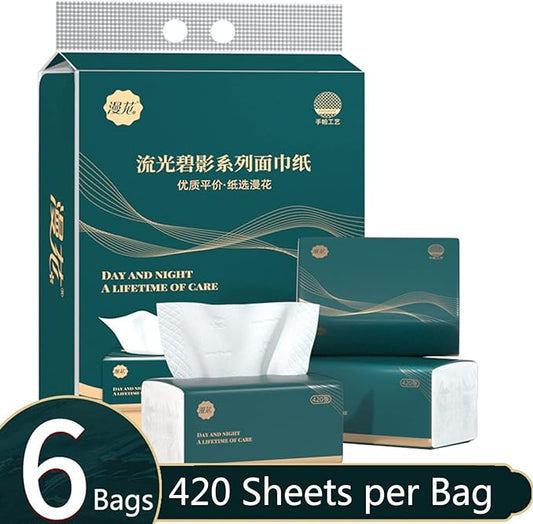 6 Packs Disposable Soft Facial Tissue, Small Napkin, Toilet Paper -Bag Cover NOT Box, Material Native Wood Pulp Fiber NOT COTTON, White Facial Paper Tissue, 4-Ply, 420 Sheets per Pack