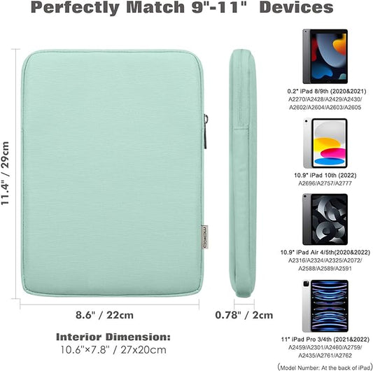 MoKo 9-11 Inch Tablet Sleeve Bag Carrying Case Fits iPad air 5 10.9" 2022, iPad Pro 11 M2 2022-2018, iPad 10th 10.9,iPad 9/8/7th Gen 10.2,iPad Air 4 10.9/Air 3 10.5,Tab S8/S9 11", Mint Green