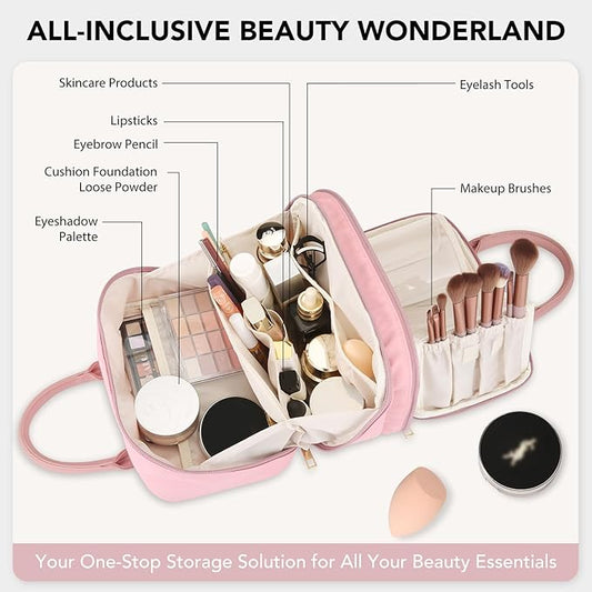 Travel Makeup Bag for Women Fashion Large Capacity Pouch Open Flat Cosmetic Portable Organizer Waterproof Large Opening Storage Toiletry Bags Vertical Free-Standing Brush Holder for Easy Access Pink