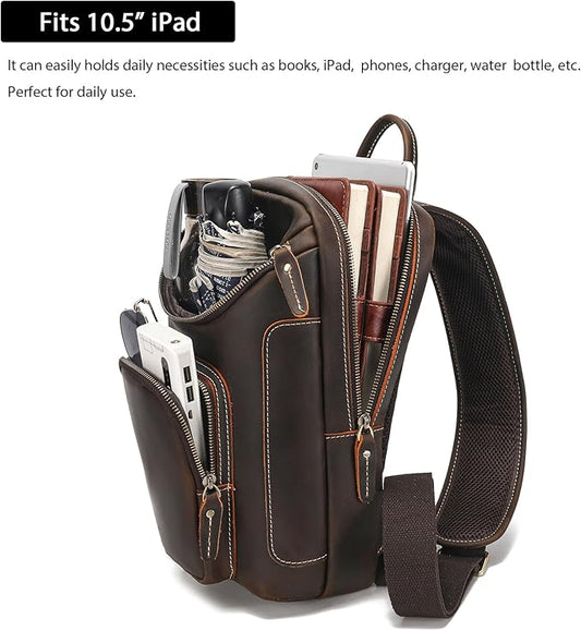 LANNSYNE Full Grain Leather Sling Bag For Men, Crossbody Chest Daypack Fits 10.5" iPad, Men’s Crossbody Bag