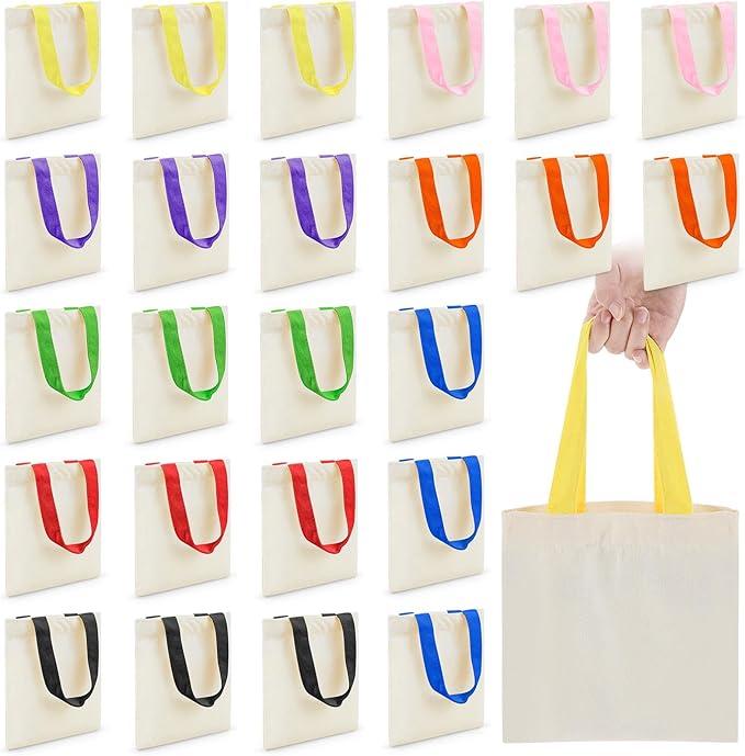 Amylove 24 Pcs Mini Tote Bag Sublimation Blank Canvas Tote Bags Reusable Grocery Luggage DIY Sack Goody for Party Even (8.5 x 8 Inch,Natural with Colorful Handle)