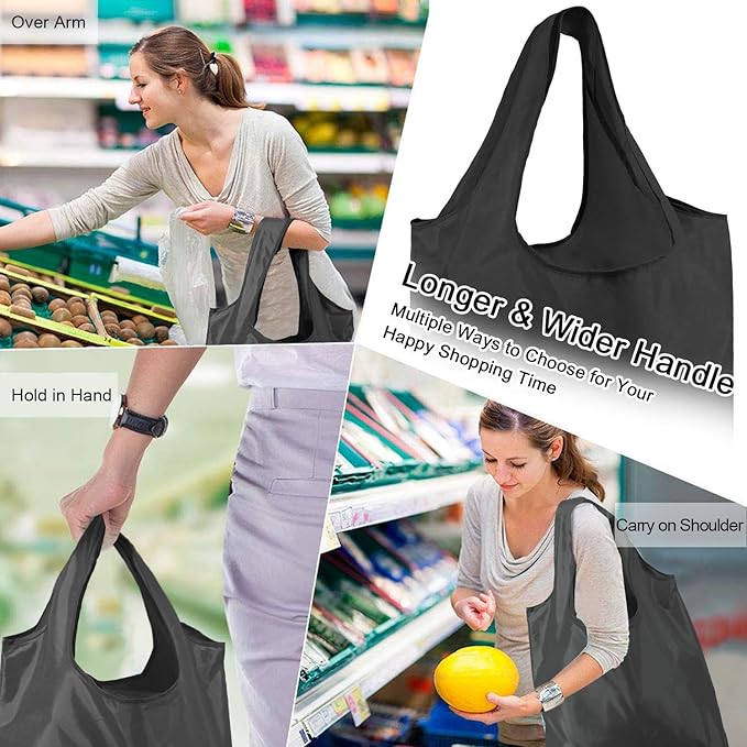 BeeGreen Black and Grey Reusable Grocery Bags Bulk 10 Packs, Kitchen Reusable Shopping Bags 50LBS Large, Machine Washable Durable, Easily Foldable in a Storage Bag