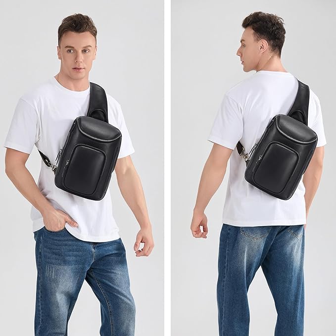 LANNSYNE Full Grain Leather Sling Bag For Men, Crossbody Chest Daypack Fits 10.5" iPad, Men’s Crossbody Bag