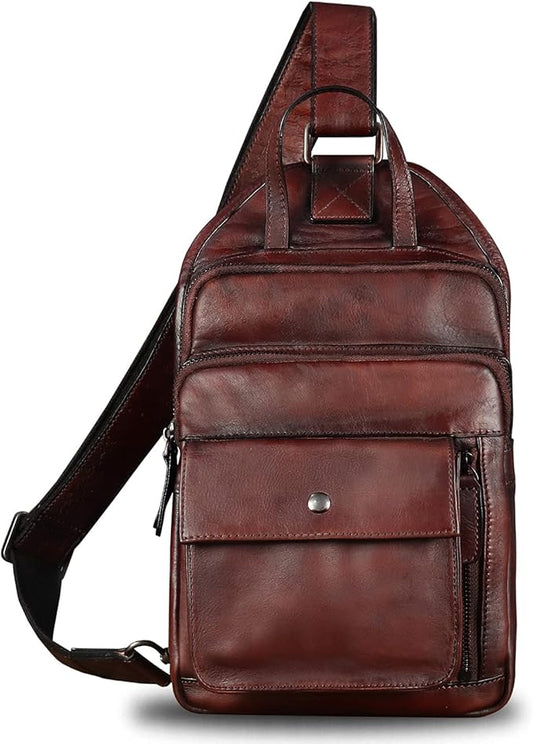 Genuine Leather Sling Bag for Men and Women Vintage Real Leather Fashion Sling Backpack Shoulder Crossbody Chest Purse