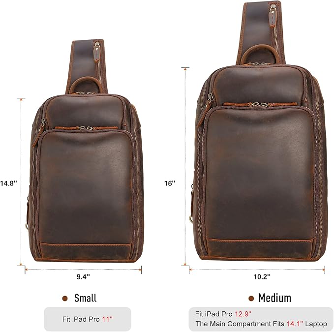 Polare Modern Style Sling Shoulder Bag Men’s Travel/Hiking Daypack with Full Grain Italian Leather and YKK Zippers