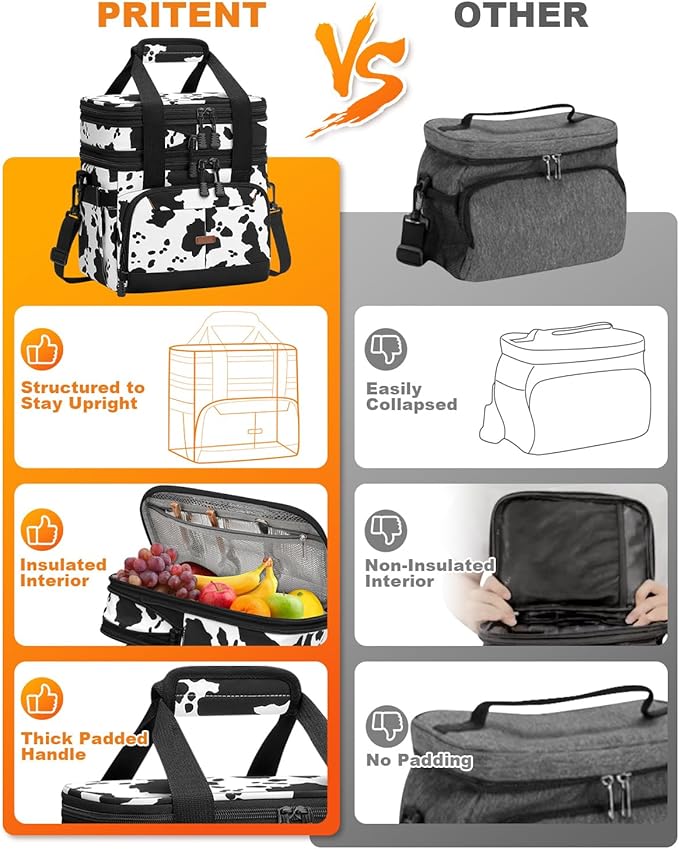 Lunch Box for Men Women Double Deck Insulated Lunch Bag for Men Woman Leakproof Expandable Cooler Bag with Adjustable Shoulder Strap for Work Picnic School(Cow Print,16L)