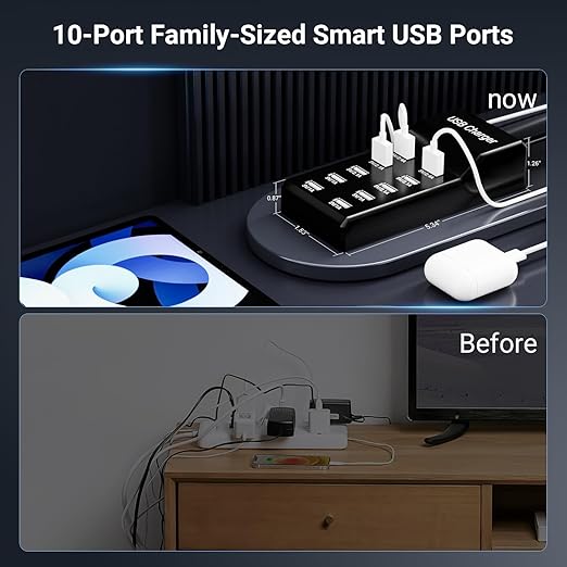 USB Charging Station 50w10A 10-Port Charger, Multiport Charger Hub, Compatible with iPhone, Galaxy, iPad Tablet, and Other Devices(Black)