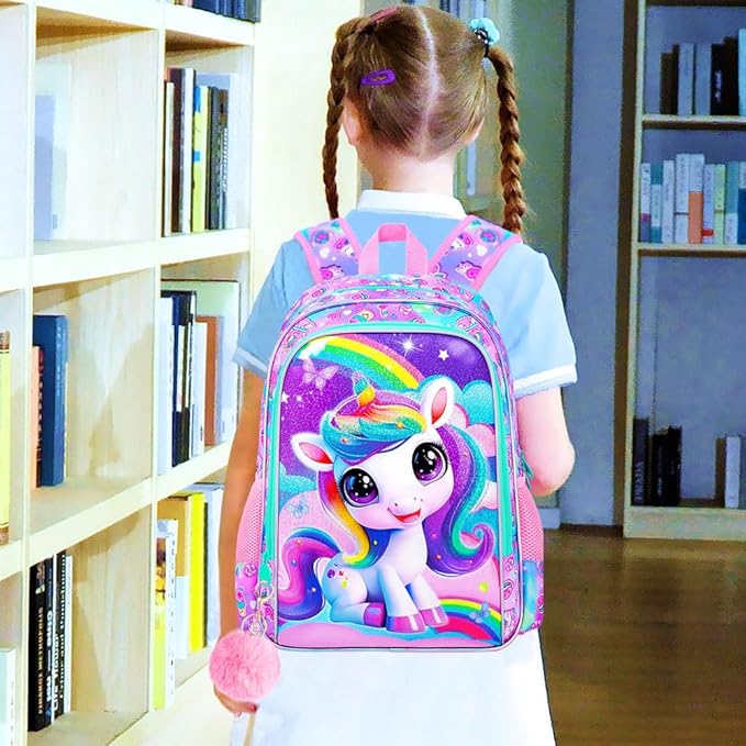 3Pcs Unicorn Backpack for Girls, 16" School Backpacks Set for Elementary Preschool Kindergarten, Kids Bookbag with Lunch Box(Pink)