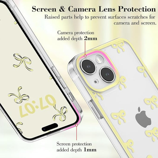 EYZUTAK Case for iPhone 14, Clear Cute Ribbon Bowknot Pattern Aesthetic Transparent Phone Case Raised Camera Protection Stylish Slim Soft Durable TPU Protective Cover for Women Girls - Yellow