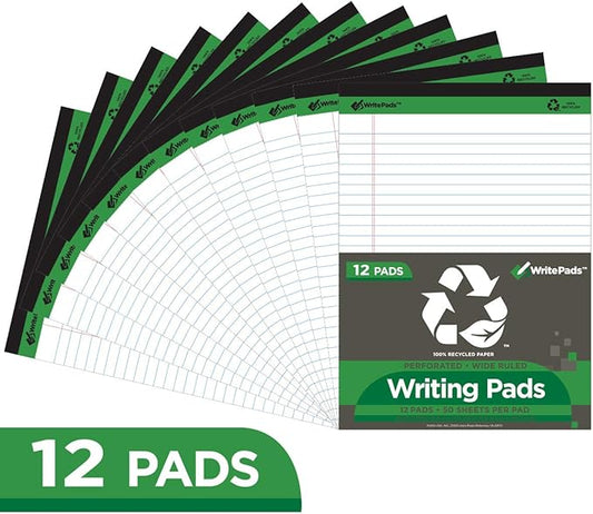 KAISA White Legal Pads 12pads Writing Pads Recycled Paper, 8.5"x11.75" Wide Ruled Perforated 50 sheets Hard Back Notepads 8-1/2"x 11-3/4" Writing Tablet Canary For Office Supplies (Pack of 12pc) KSU-5293