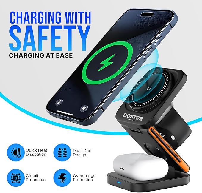 3-in-1 Foldable Wireless Charging Station for Phone, Watch and Earphones, Fast Charging Stand with Magnetic Mount (Black)