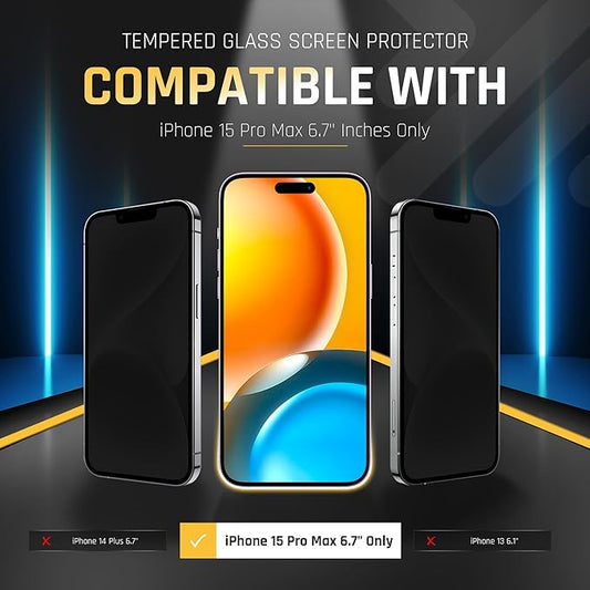 TEMPRTEK+ 2 Pack for iPhone 15 Pro Max Simple Screen Protector Privacy 9H Military Grade Scratch Fingerprint Resistance Anti-Glare Shatterproof Tempered Glass Anti-Spy Easy Installation Bubble Free