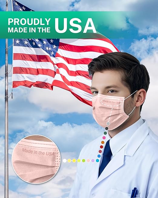 Disposable Face Masks Made in USA, 4 Ply for Families, Students, Breathable All-Day Wear & Safety, FSA HSA Eligible, ASTM Level 3 Medical Grade, 50 Pack, Sunny Mist