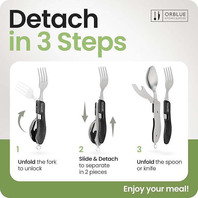 Orblue 4-in-1 Camping Utensils, 1-Pack, Portable Stainless Steel Spoon, Fork, Knife & Bottle Opener Combo Set - Travel, Backpacking Cutlery Multitool, Black