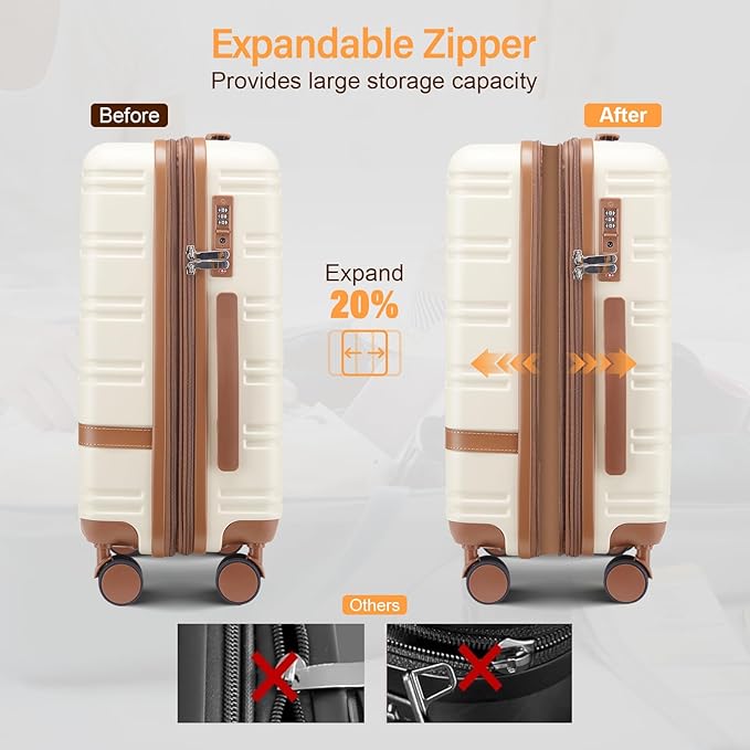 carry on Luggage Sets,20 Inch Expandable with TSA Lock Carry-on suitcases with spinner wheels,Hard Shell Travel Luggage airline approved (Beige, 3 Piece Sets (20/DB/TB))