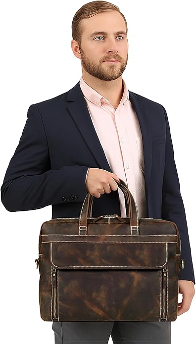 HLC 18 Inch Full Grain Leather Briefcase messenger shoulder bags for men and women