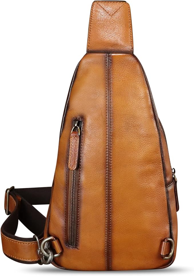 Genuine Leather Sling Bag Embossed Crocodile Pattern Leather Crossbody Sling Backpack Handmade Chest Purse Daypack (Brown)