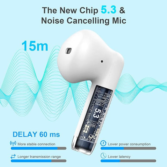 Jxrev Wireless Earbuds, Bluetooth 5.4 Headphones in Ear with Noise Cancelling Mic, Earbuds Stereo Bass, IP7 Waterproof Sports Earphones, 32H Playtime USB C Charging Buds White for Android iOS