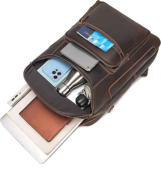 LANNSYNE Full Grain Leather Backpack For Men, 17" Laptop Backpack, Casual Outdoor Business Travel Rucksack, YKK Zippers