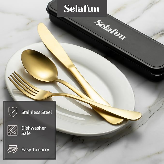 4-pieces Travel Set with Case Portable Silverware Utensils Set for work, Stainless Steel Reusable Flatware Set Cutlery Set for Camping Picnic Hiking Office (8inch, Matte Gold)