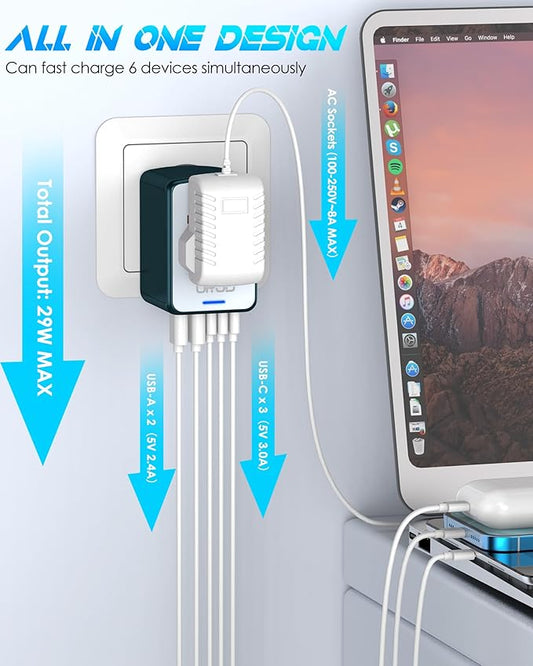 Universal Travel Adapter with 6.0A 3X 3.0A USB-C Ports, 2X 2.4A USB-A Ports and Multi AC Outlets, International Power Plug Adapter Worldwide Travel Charger for EU UK AUS USA (Type C/G/I/A Plug)