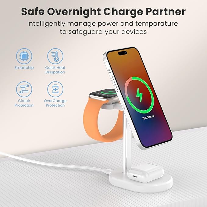 3 in 1 Wireless Charging Station,Detachable Apple Watch Charger & 15W Charger Stand for MagSafe for iPhone, Wireless Charger for Multiple Devices iPhone 16/15/14/13&Watch&AirPods(Yellow)