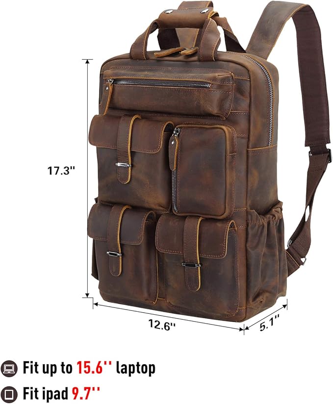 Polare Cowhide Leather Multiple Laptop Backpack Day Pack Travel Bag Satchel For Men