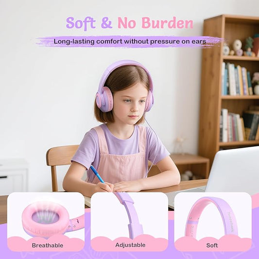 Kids Wired Headphones with Microphone, Volume Limited to 85/94dB Earphone for Boys & Girls, Foldable 3.5mm Jack Headset for School & Travel, Includes Portable Case(Purple)