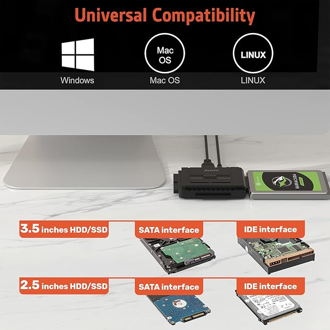 Alxum USB 3.0 to IDE SATA Converter, for Universal 2.5 & 3.5 inches SATA HDD SDD & IDE HDD Drives, Hard Drive Adapter with 12V 2A Power Adapter and USB 3.0 Cable (Type C)