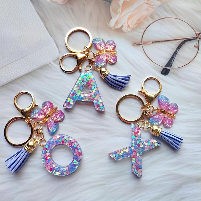 Cute Initial Letter Keychains for Women Girls Tassel Butterfly Pink Purple Green Keychain for Backpack School Bag
