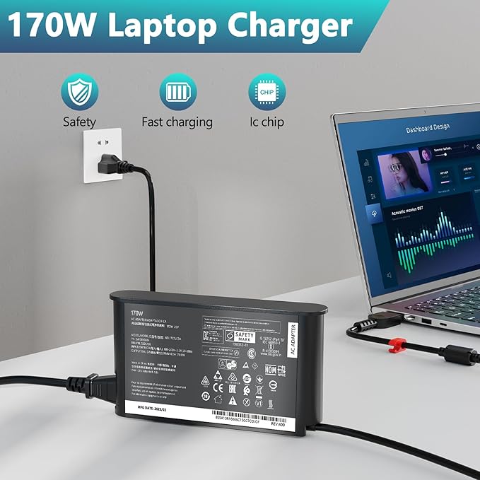 170W Charger Fit for Lenovo Legion Slim 5, Yoga Pro 9i, ThinkPad P1 P16 P16v, IdeaPad Pro 5, LOQ Gaming 15APH8 6IRH8 15IRX9, ADL170SCC3A 4X20S56697