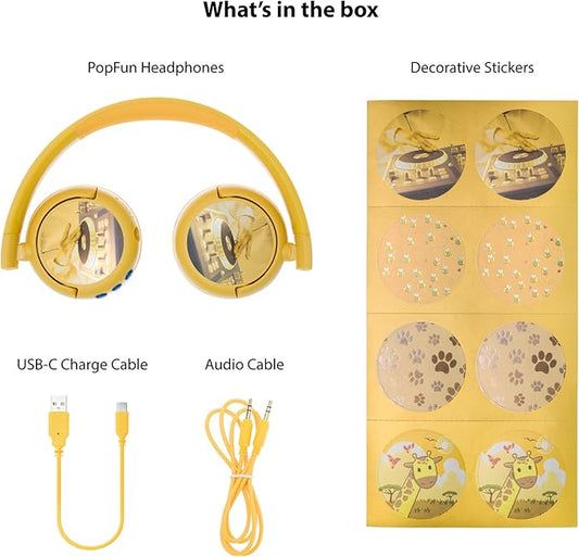 BuddyPhones POP Fun | Foldable Bluetooth Kids Headphones + Microphone, Works Wired or Wireless - SafeAudio Volume Limiting for iPhone/iPad/Tablet/PC and More (Yellow)