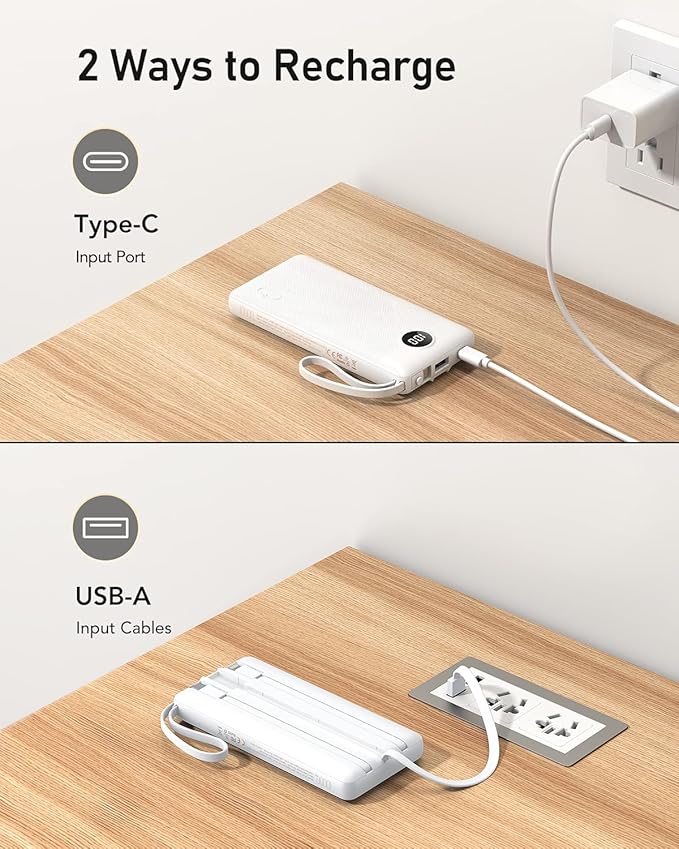 VEEKTOMX Portable Charger with Built in Cables 10000mAh, USB C Power Bank with 5 Outputs and LED Display, Small & Slim Battery Pack Compatible with iPhone/iPad/Samsung and Android Devices for Travel