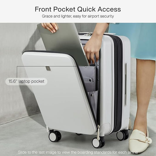Hanke Grace Expandable Carry On Luggage with Wheels Airline Approved Hard Shell Suitcases with Front Pocket,Top Opening Luggage with TSA Lock for Short Business Travel, Smoke White.