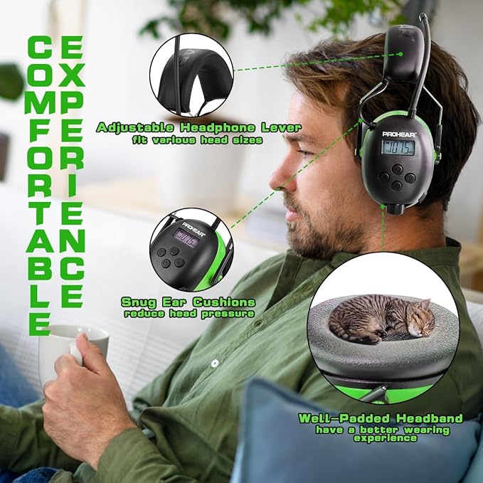 PROHEAR 027 AM FM Radio Headphones with Digital Display, 25dB NRR, Safety Ear Protection Earmuffs for Mowing, Snowblowing, Construction, Work Shops - Green