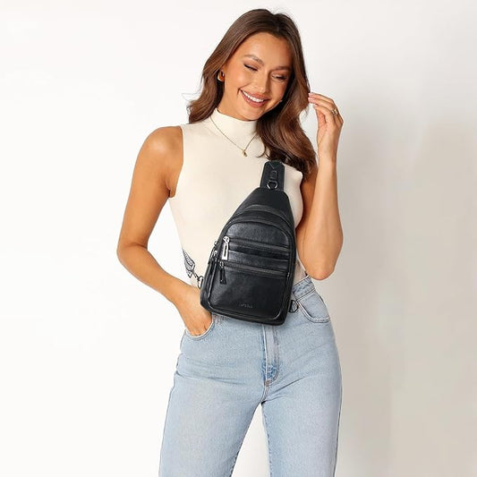 Sling Bag for Women Cross Body Bags Fanny Packs Shoulder Bag Sling Backpack Vegan Leather Trendy Travel Purses Black