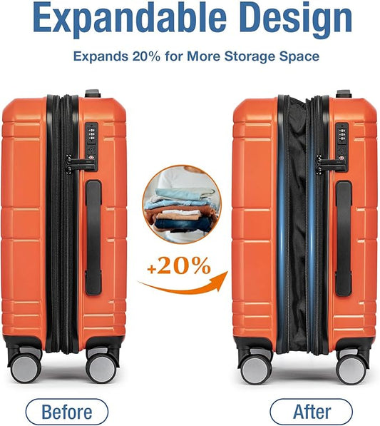 KYME Carry On Luggage 22x14x9 Airline Approved with TSA Lock Hard Shell Carry On Suitcase Lightweight Suitcases with Wheels Small Luggage for Men Women,Carry-On 20 Inch,Orange