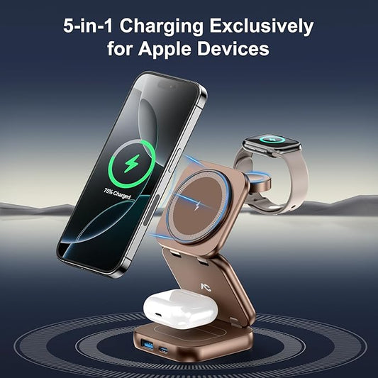 5-in-1 Wireless Charger for MagSafe, AC ISLAND Portable Travel Charging Station, 15W Max Fast Foldable Magnetic Stand, Evolved for iPhone 17/16/15/14/13 Series, Apple Watch, AirPods (with 35W Adapter)