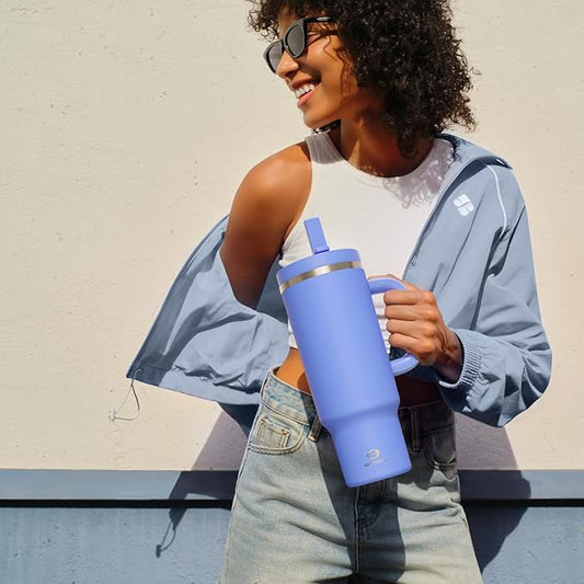 40 oz Tumbler with Handle and Straw: Stainless Steel Insulated Tumbler Keeps Cold for 24 Hours, Leakproof Travel Cup Fits in Cup Holder and BPA-Free, Cornflower Blue