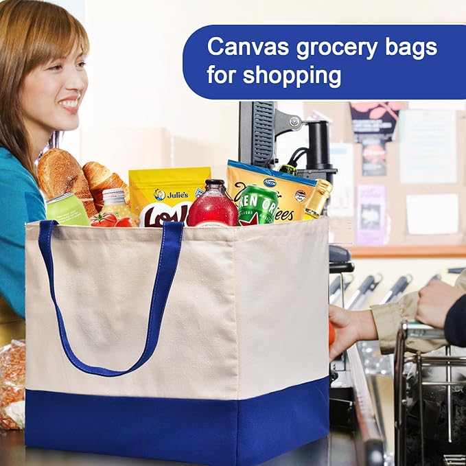 Canvas Reusable Grocery Bags Heavy Duty, 8.3 gal Foldable Large Canvas Tote Bag with Handles, Holds 60 lbs Canvas Shopping Bags, 1 Pack
